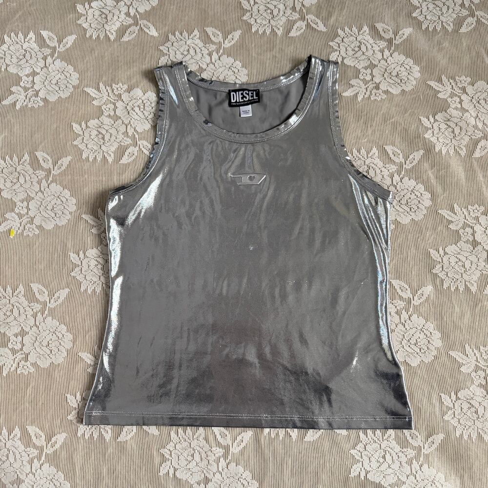 Diesel Metallic Silver Logo Tank Top Size M